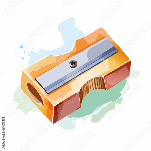 A classic orange wooden pencil sharpener with a metal blade, rendered in a loose watercolor illustration style.
