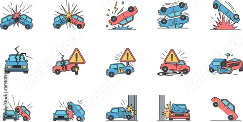 Car accident icons vector illustration set of vehicle damage and collision