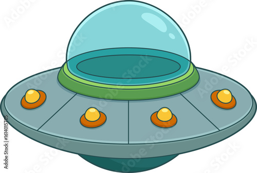 A colorful, cartoonish UFO hovers, ready for an intergalactic adventure.