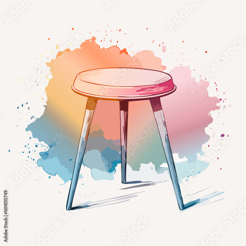 Artistic watercolor illustration of a simple round stool with colorful splayed legs.