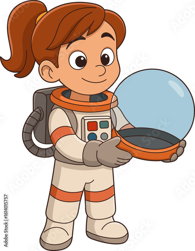 Animated astronaut girl holding helmet ready for space travel adventure