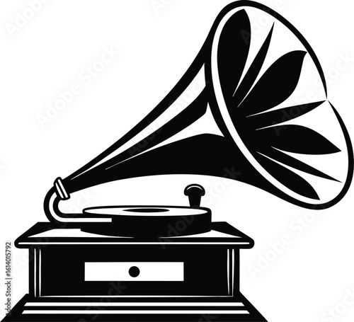 Gramophone silhouette drawing, vintage music player, retro audio device line art, antique phonograph vector, minimal illustration
