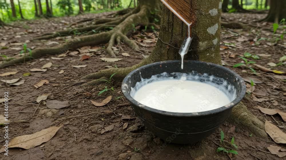 Half-filled cup of natural latex attached to rubber tree, grounded in forest soil, close-up scene of traditional rubber collection