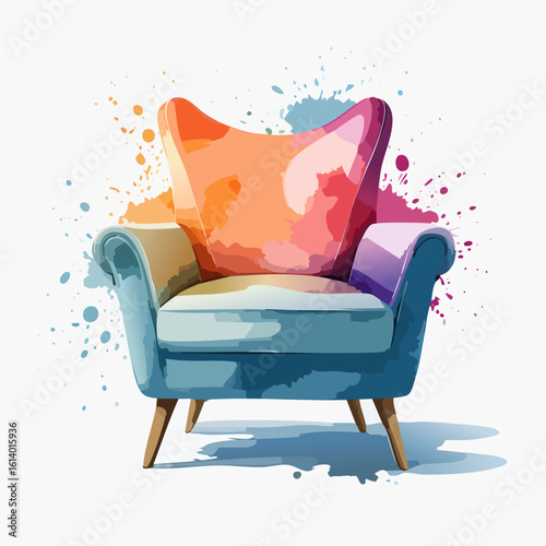Stylish blue armchair with a vibrant orange and pink wingback, rendered in a creative watercolor splash style.
