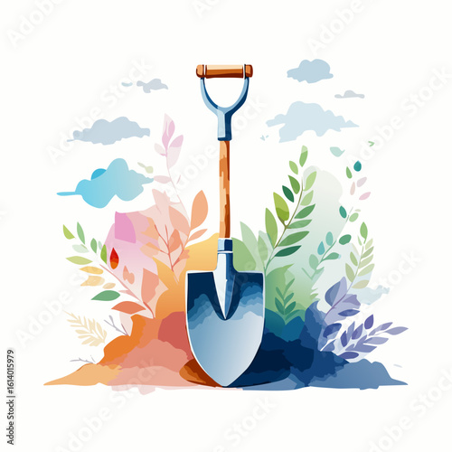 A shovel stands upright in a pile of soil surrounded by lush greenery and foliage with a few clouds in the background viewed from a slight angle.