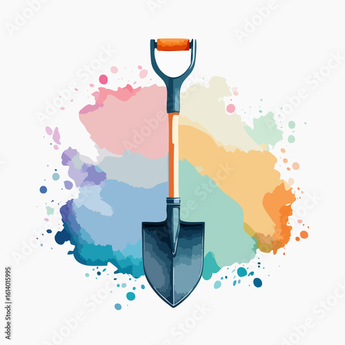 A vibrant shovel standing upright against a dynamic colorful splatter background viewed from directly above with gardening tools nearby