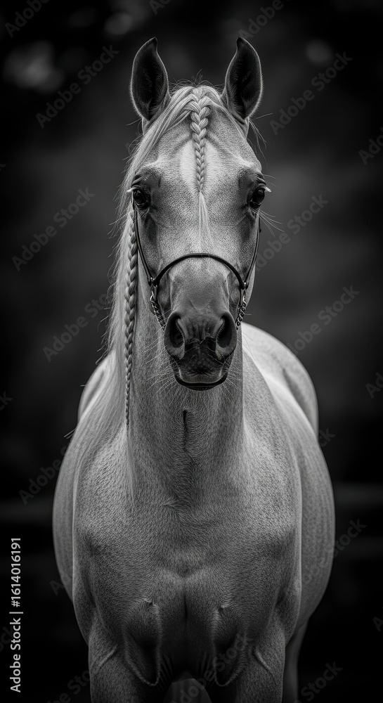 Fototapeta premium A striking black and white portrait of a horse with braided mane, facing the camera against a dark blurred background.