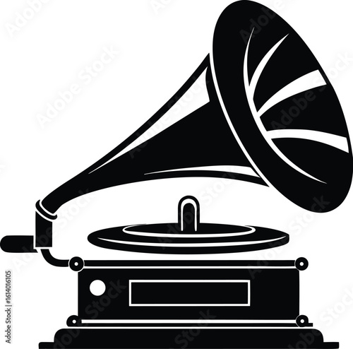 Gramophone silhouette drawing, vintage music player, retro audio device line art, antique phonograph vector, minimal illustration