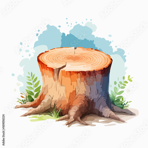 Stylized watercolor illustration of a cut tree stump with annual rings, a crack, and visible roots.