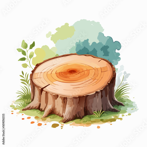 Stylized tree stump with annual rings and a crack, surrounded by small green plants.