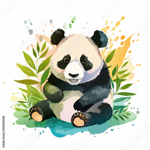 Charming watercolor illustration of a smiling panda bear sitting among green leaves and colorful splashes.