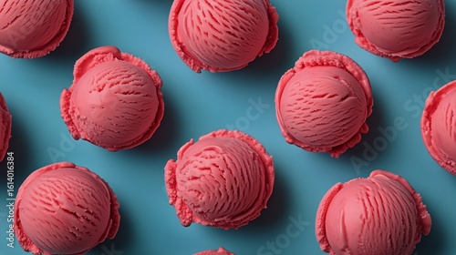Pink Ice Cream Scoops on Blue Surface Create a Delightful and Colorful Desser...
