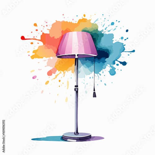 A stylish floor lamp with a pink and purple striped lampshade, rendered in a loose watercolor illustration style.
