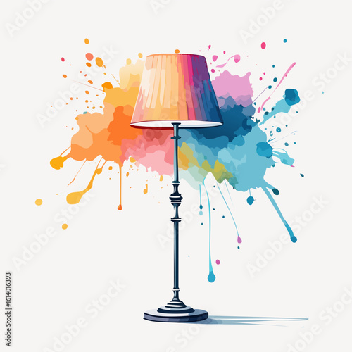 Classic floor lamp with a vibrant, multicolored pleated shade in an artistic watercolor style.