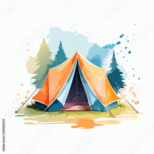 Vibrant orange A-frame camping tent with open flaps, rendered in a loose watercolor illustration style.