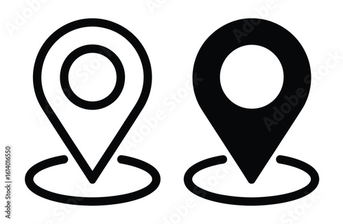 Free Download   Two Location Pin Icons — Outlined and Solid Black Silhouettes with Circular Base Representing Navigation, Geolocation, and Point of Interest - GFXLoad