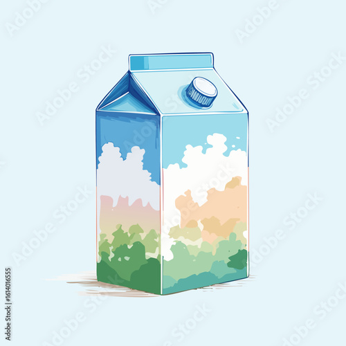 Artistic milk carton illustration with a painted landscape of sky, clouds, and green fields.