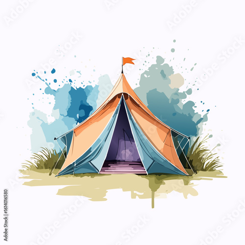 Vibrant watercolor illustration of an orange and blue A-frame camping tent with an open entrance and a small flag on top.