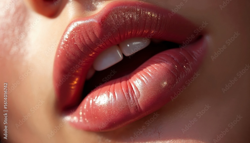 Obraz premium Close-up of glossy, well-moisturized lips with a natural pinkish tone, highlighting texture and shine against smooth skin.