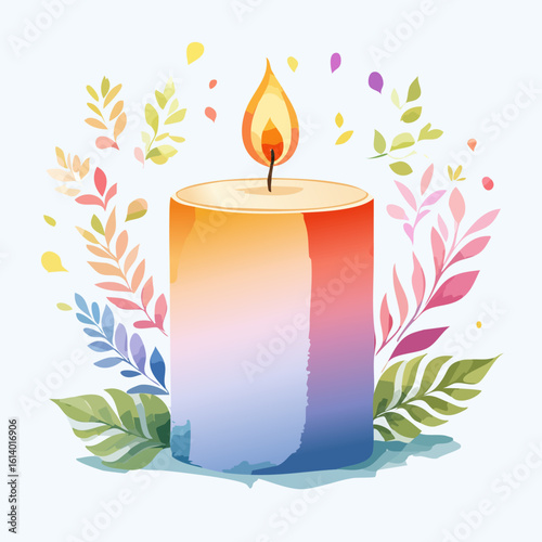 Burning candle with a vibrant orange to blue gradient, adorned with colorful watercolor leaves.