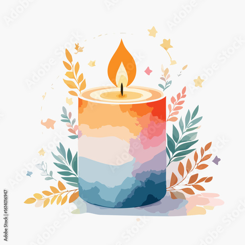 An illustration of a candle with a flame surrounded by leaves and stars in a serene environment viewed from the front.