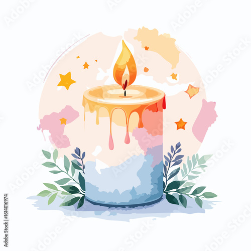 A lit candle surrounded by leaves and stars in a serene environment viewed from the front with soft lighting