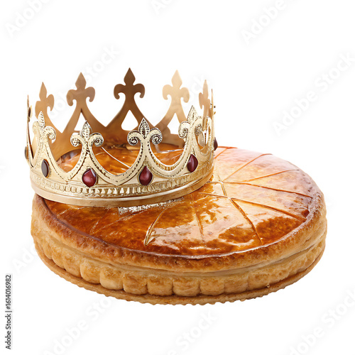 A traditional galette des rois, or king cake, adorned with a golden crown, isolated on transparent background, ready for epiphany celebration