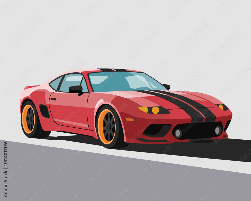 Obraz premium Red Sports Car with Black Racing Stripes and Rear Spoiler — Stylized Front View Illustration Emphasizing Speed, Design, and Road Presence