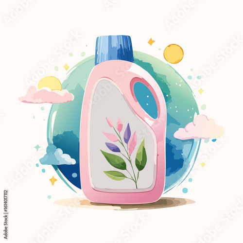 A pink bottle of fabric softener with floral design on a serene background with clouds and sun
