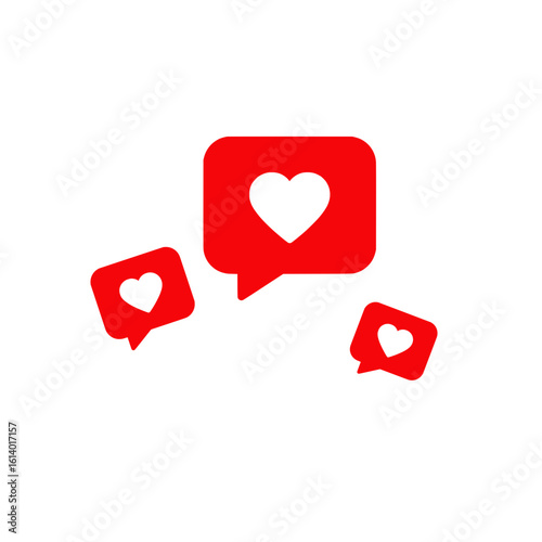 solid red and white icons for social media, representing "like" in the shape of speech bubbles with hearts inside