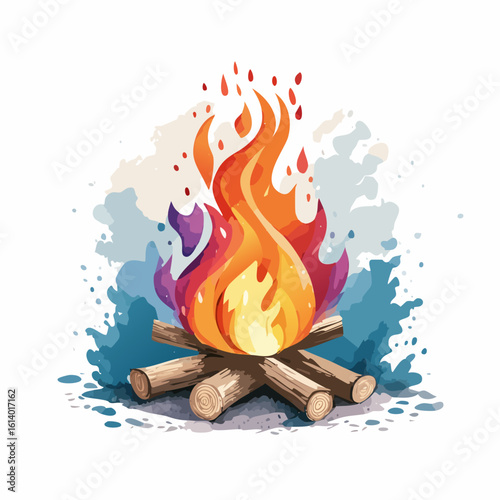 A vibrant campfire burning brightly with orange and yellow flames surrounded by wooden logs in a serene outdoor setting viewed from the side