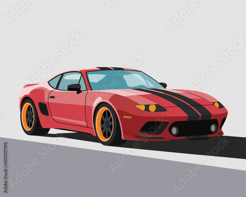 Red Sports Car with Black Racing Stripes and Rear Spoiler — Stylized Front View Illustration Emphasizing Speed, Design, and Road Presence