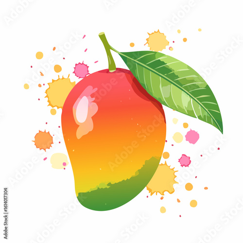 Vibrant mango illustration with green leaf set against colorful splatters in a lively, artistic, fruit-inspired scene