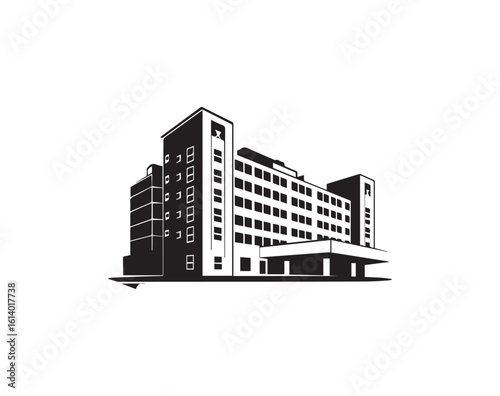 Black and white icon of a multistory building on white background