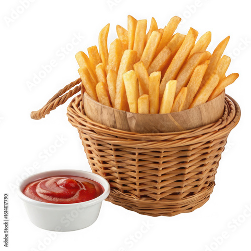 Golden french fries in basket isolated on transparent background