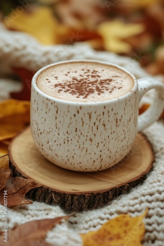 Cozy Cup of Hot Beverage Surrounded by Autumn Leaves on a Soft Blanket.