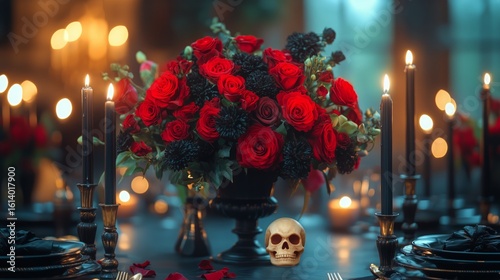 Elegant Dinner Setting With Roses and Candles for a Mysterious Gathering at T...