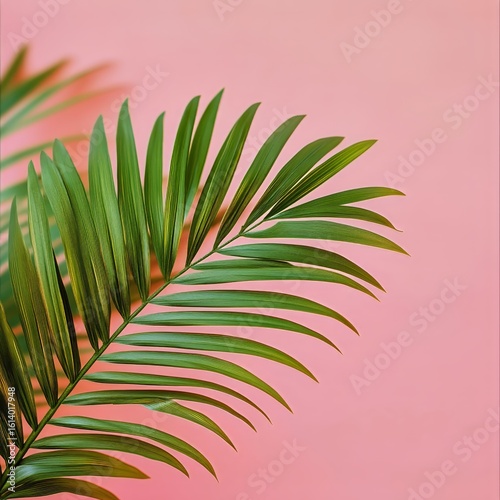 Bright Green Palm Leaf on Soft Pink Background Adds Vibrant Contrast and Natu...