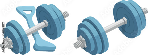 Blue dumbbells and kettlebell illustration for strength training workout