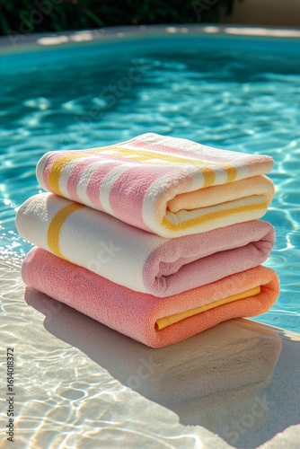 Vibrant Towels Stacked by a Sparkling Pool Under the Sun in a Tranquil Outdoo...