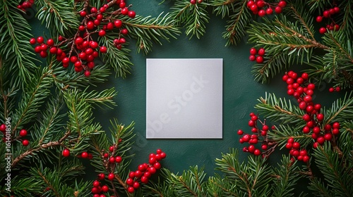 Holiday Card Surrounded by Pine Branches and Red Berries on a Green Background.