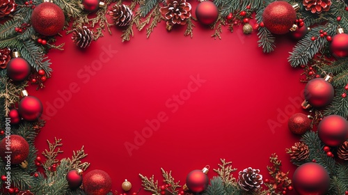 Festive Holiday Decorations With Red and Gold Ornaments on a Bright Red Backg...