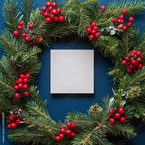 Beautiful Holiday Wreath With Empty Space for Personalized Message Against Da...