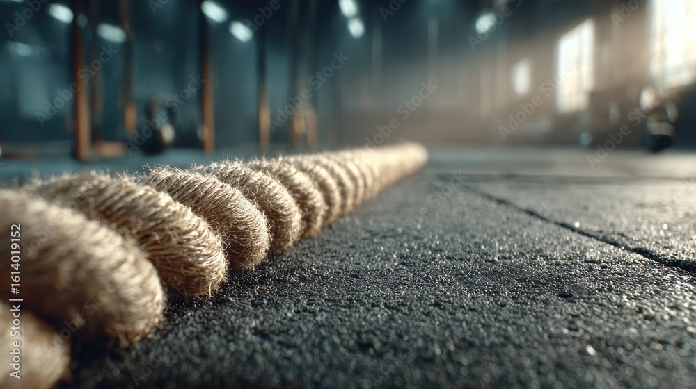 Fototapeta premium Close-up of a thick training rope on a gym floor