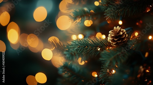 Bright Lights Illuminate a Christmas Tree Branch During the Holiday Season at...