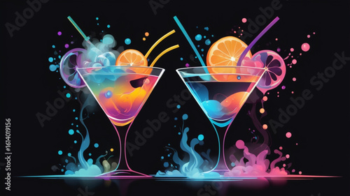 Iridescent cocktail levitates. Temperature-changing liquid glows. Floating garnishes and swirling smoke add drama against a black backdrop. Side lighting enhances the effect.