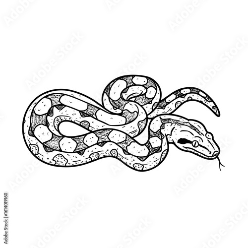 Black and white illustration of boa constrictor isolated on white background