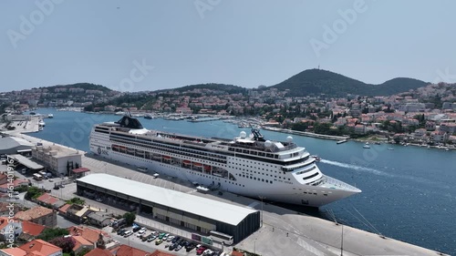 Aerial View of Cruise Liner in Dubrovnik Harbor with Scenic Townscape