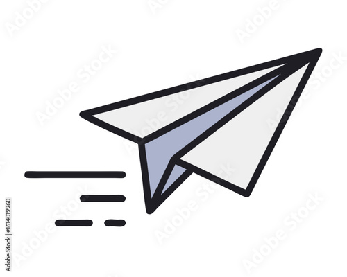 A fast paper airplane icon soaring with speed trails. Simple line art for messaging or travel concepts.