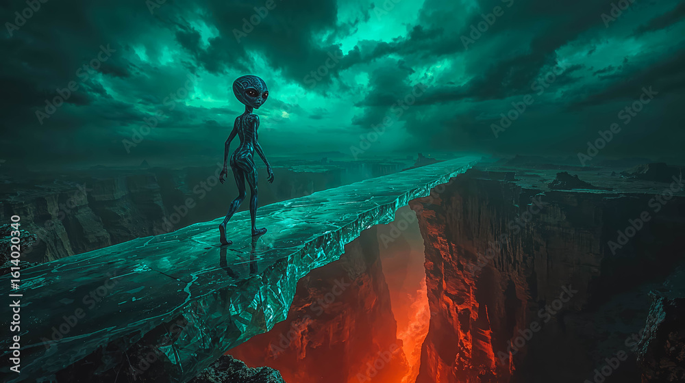 Obraz premium Alien Walking on a Transparent Bridge Over a Chasm